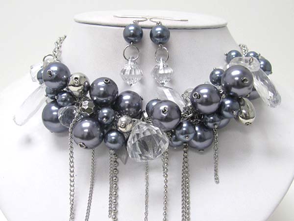 Pearl ball and chunky glass beads and tassel drop necklace earring set