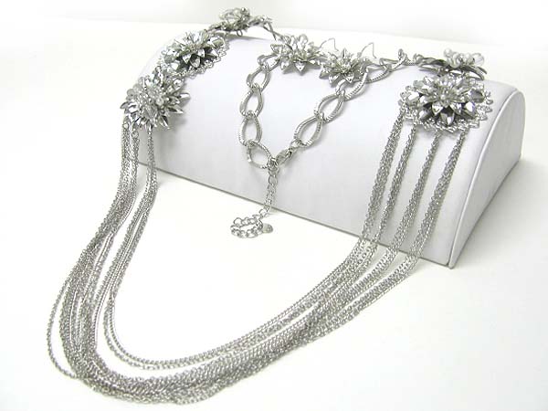 Multi row metal chain hanging metla flower accent long necklace earring set