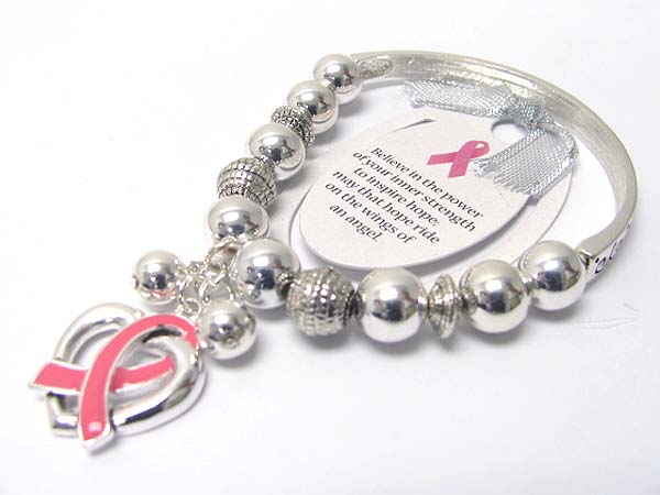 Pink ribbon theme charm dangle metal ball stretch bracelet - breast cancer awareness