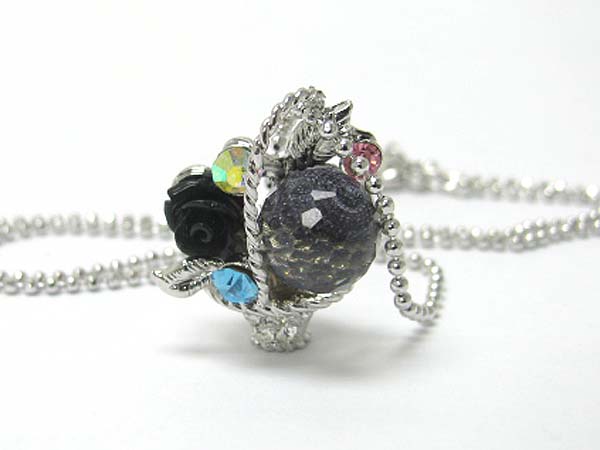 Made in korea whitegold plating crystal and acryl flower setting buquet pendant necklace