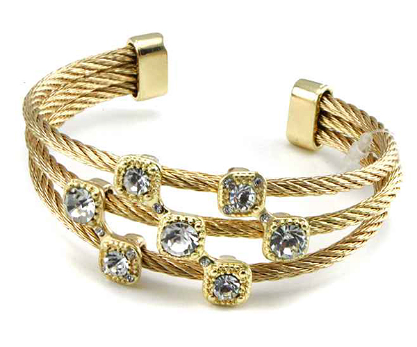 Crystal stud triple metal cable bangle