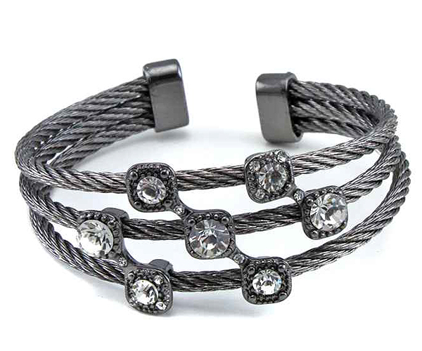 Crystal stud triple metal cable bangle