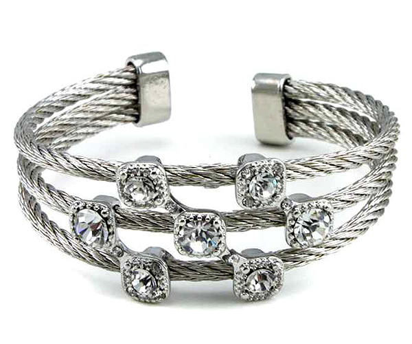 Crystal stud triple metal cable bangle