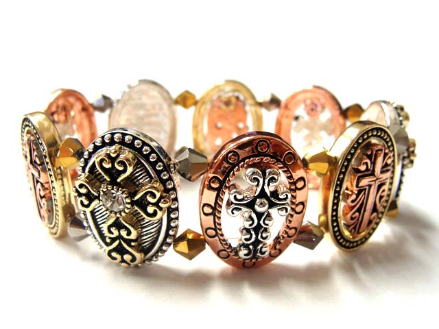 Multi cross metal casting disk link stretch bracelet