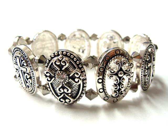 Multi cross metal casting disk link stretch bracelet