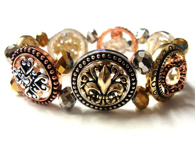 Multi fluer de lis and cross mix metal casting disk link stretch bracelet