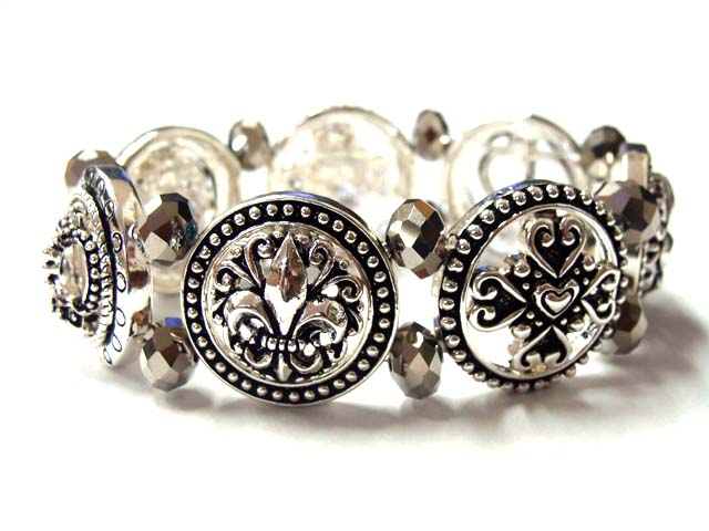Multi fluer de lis and cross mix metal casting disk link stretch bracelet