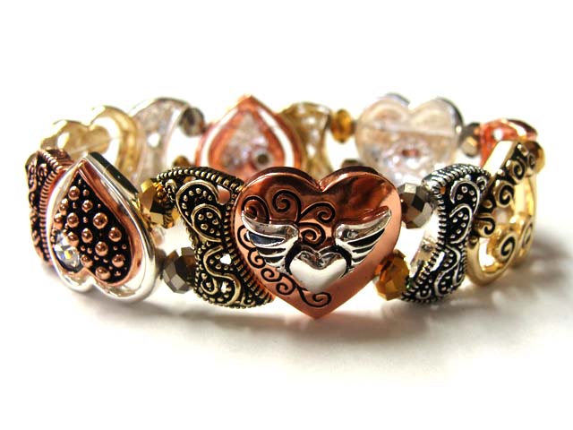 Multi textured heart metal casting stretch bracelet