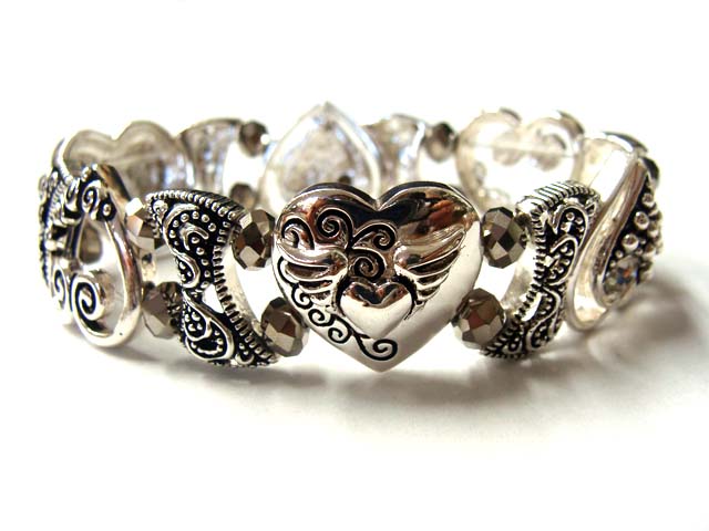 Multi textured heart metal casting stretch bracelet
