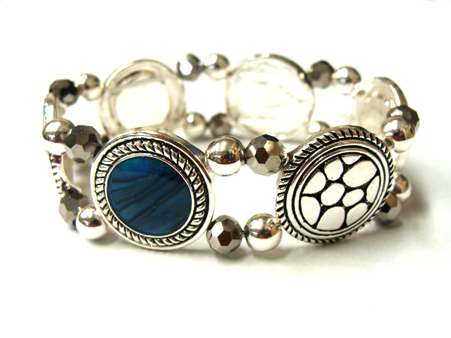 Designer pattern and abalone disk link stretch bracelet