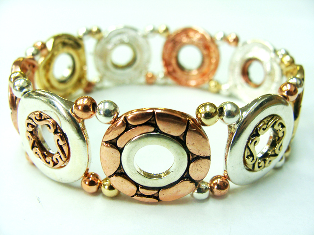 Designer pattern and textured disk link stretch bracelet