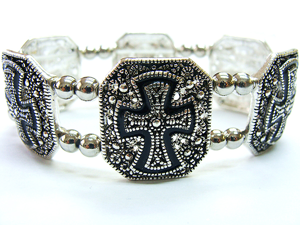 Macasite and epoxy deco cross stretch bracelet