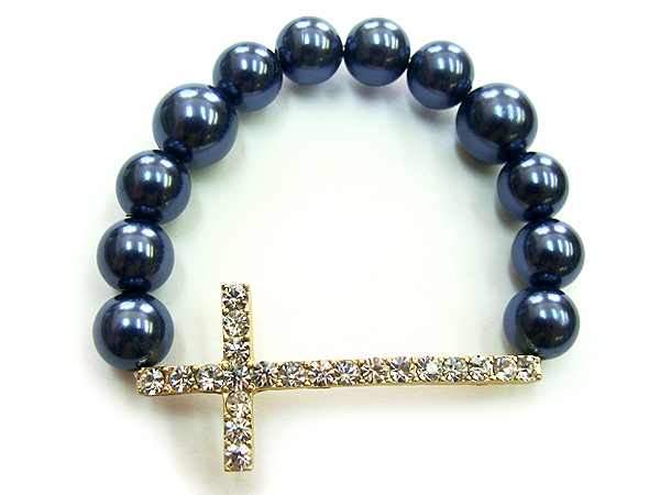 Crystal stud cross and pearl stretch bracelet
