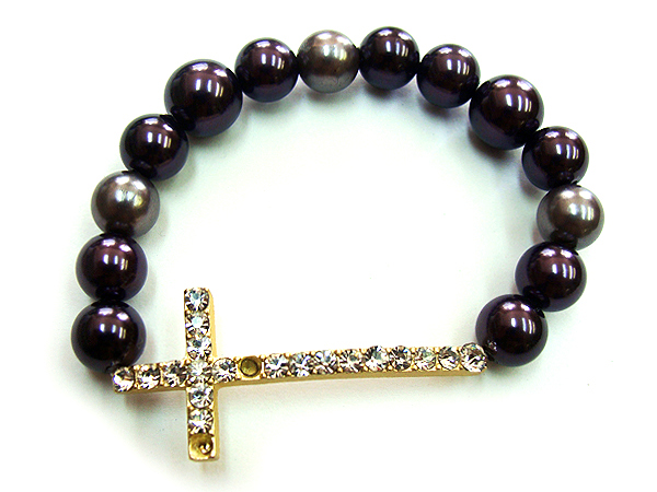 Crystal stud cross and pearl stretch bracelet