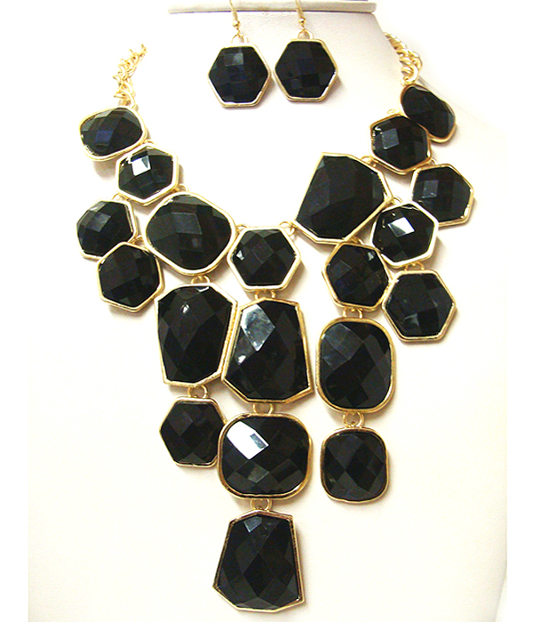 Architectural facet cut multi acrylic stone link long drop necklace earring set