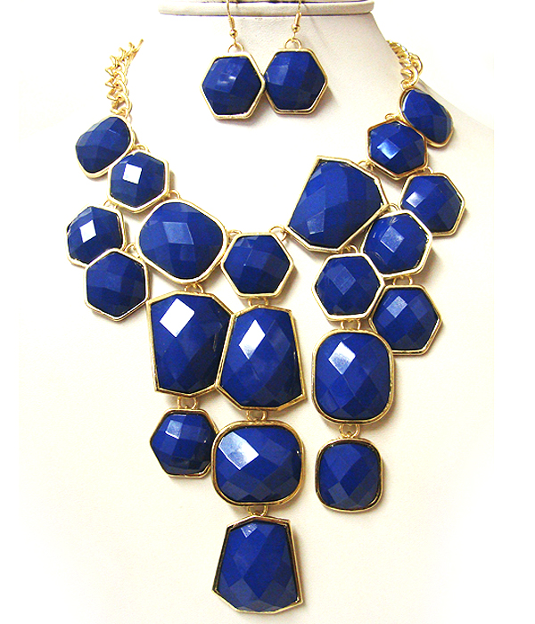 Architectural facet cut multi acrylic stone link long drop necklace earring set