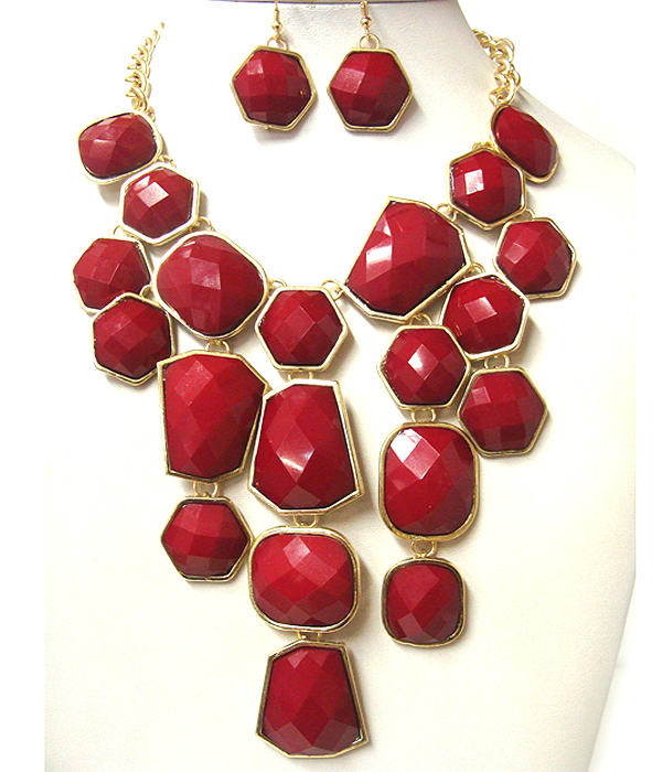 Architectural facet cut multi acrylic stone link long drop necklace earring set