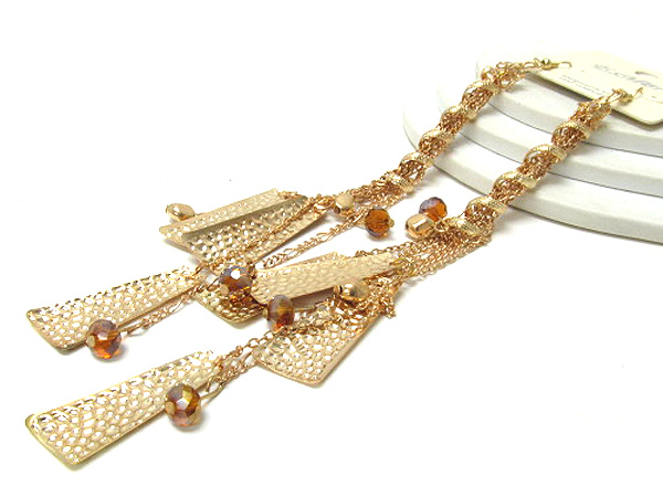 Multi chain fashion wisted metal drop crystal glass and hammered triangle metal drop earring