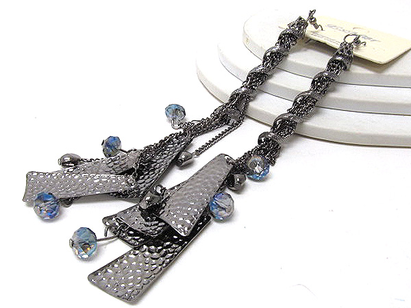 Multi chain fashion wisted metal drop crystal glass and hammered triangle metal drop earring 