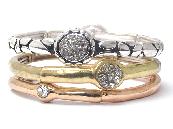Crystal deco and metal filigree three stretch bracelet set