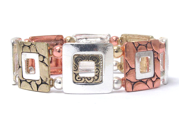 Metal casting multi square disk link stretch bracelet