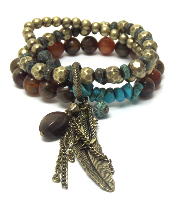 Double layer beads and stones feather bracelet 