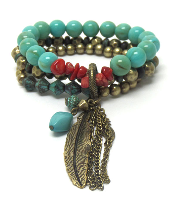 Double layer beads and stones feather bracelet