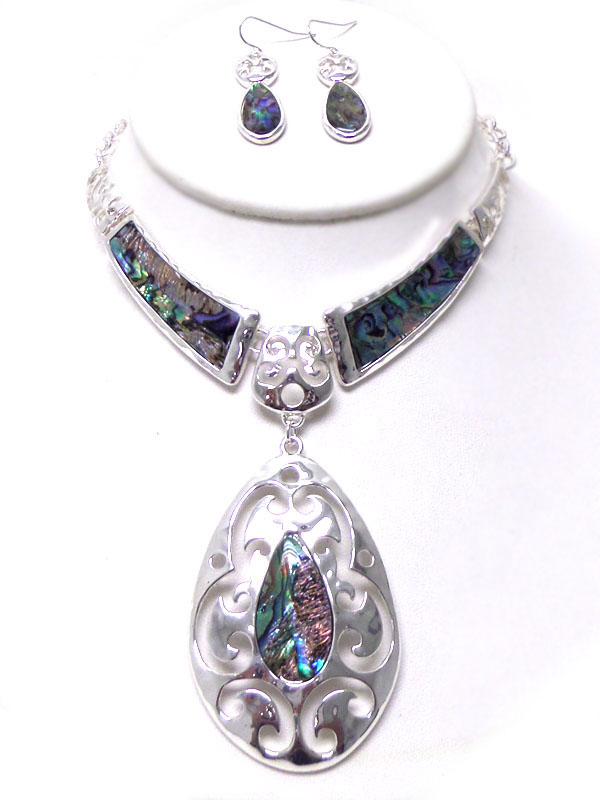 Textured metal with abalone necklace set