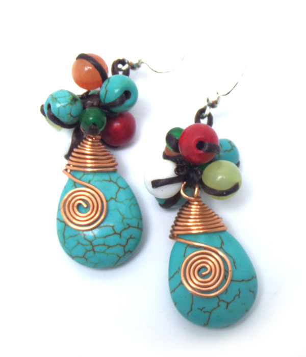 Handmade red sponge coral beads and wire art turquoise earring