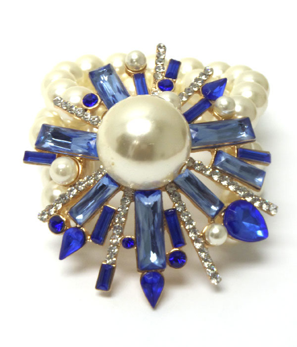 Multi baguette crystal and pearl flower stretch bracelet