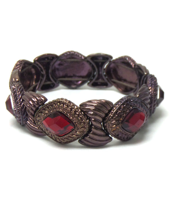 Facet glass stone and metal filigree stretch bracelet