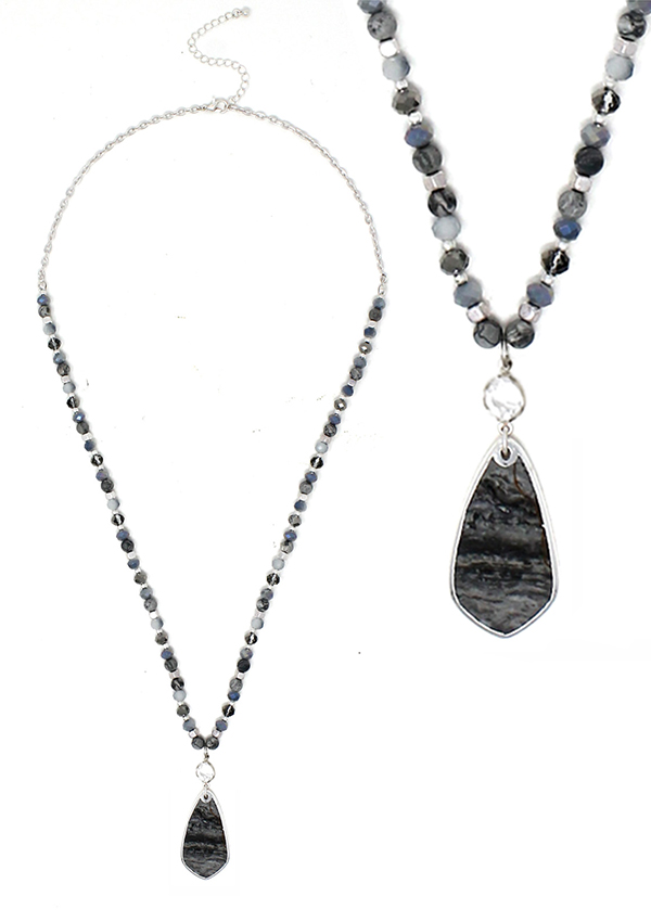 SEMI PRECIOUS STONE PENDANT AND MULTI BEAD MIX CHAIN NECKLACE