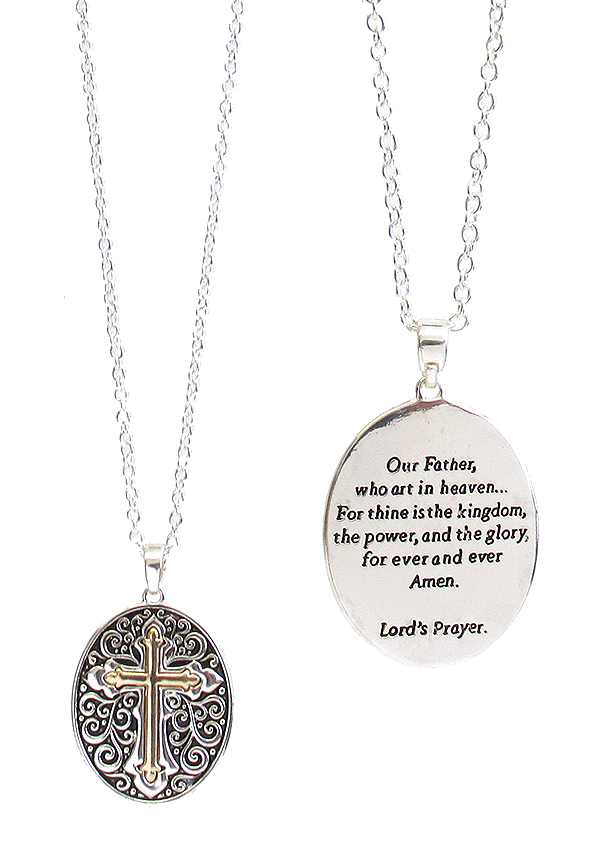 RELIGIOUS INSPIRATION OVAL CROSS PENDANT NECKLACE - LORD PRAYER