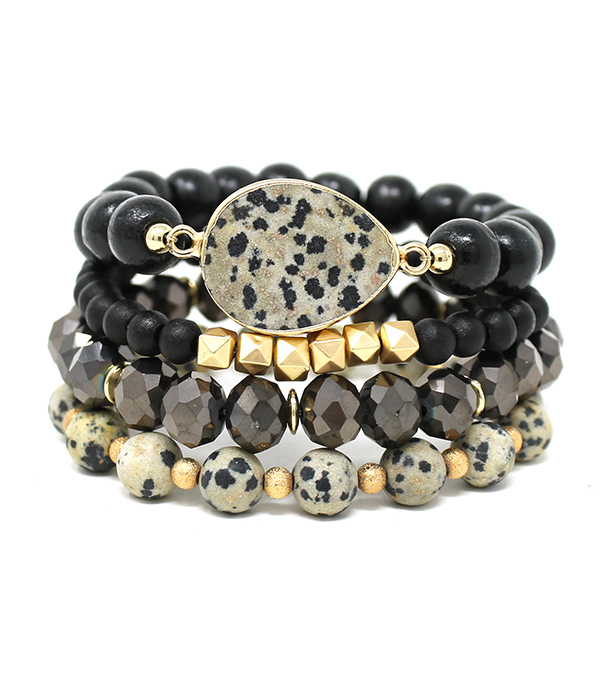 Semi precious stone and multi material bead mix 4 stretch bracelet set