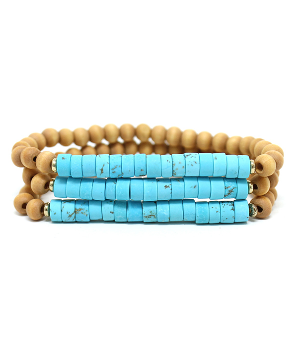 WOOD AND STONE BEAD MIX 3 STRETCH BRACELET SET