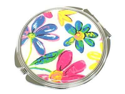 COLORFUL FLOWER DECO COMPACT MIRROR - BLACK FABRIC CASE INCLUDED - ONE REGULAR ONE CONVEX MIRROR