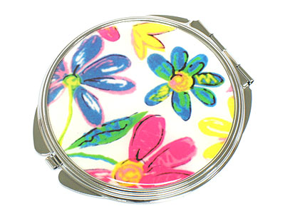 Colorful flower deco compact mirror - black fabric case included - one regular one convex mirror