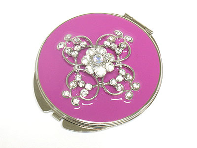 CRYSTAL FLOWER DECO COMPACT MIRROR - BLACK FABRIC CASE INCLUDED - ONE REGULAR ONE CONVEX MIRROR