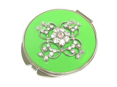 CRYSTAL FLOWER DECO COMPACT MIRROR - BLACK FABRIC CASE INCLUDED - ONE REGULAR ONE CONVEX MIRROR