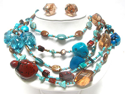 Mixed stone and glass beads link long necklace earring set