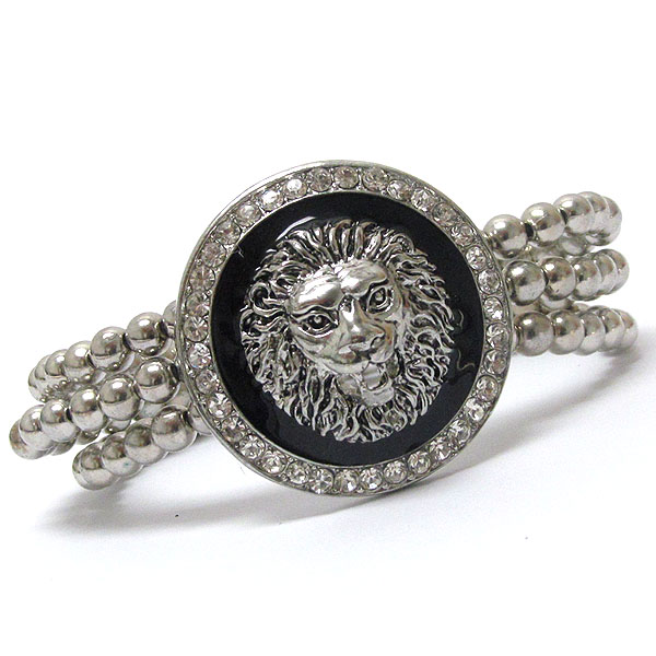 Crystal round lion head triple metal beads stretch bracelet