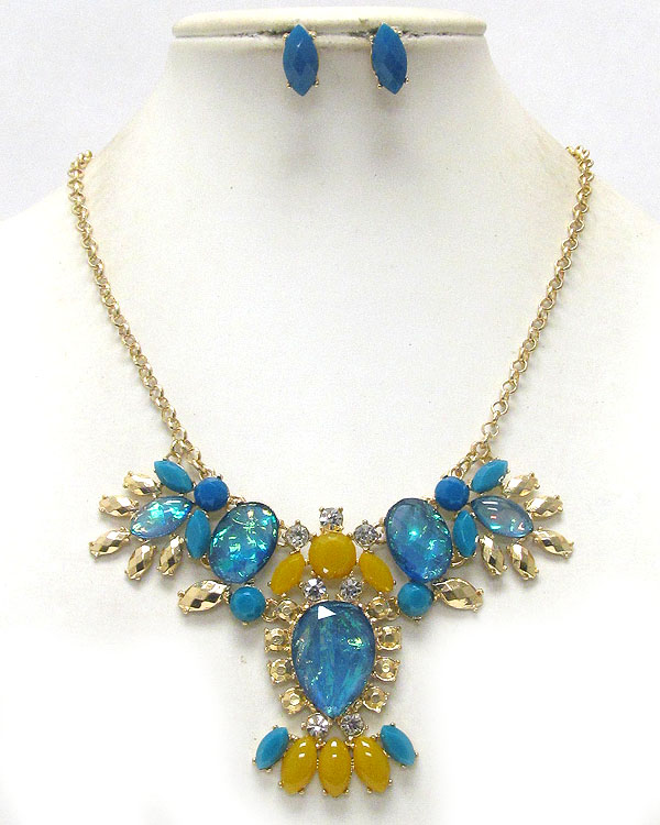 Crystal and abalone finish acryl stone cocktail necklace earring set -shourouk inspired