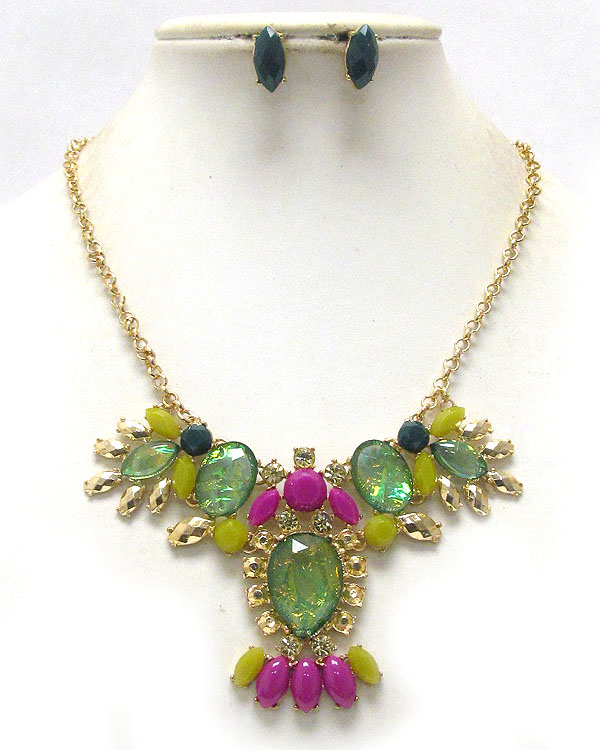 Crystal and abalone finish acryl stone cocktail necklace earring set -shourouk inspired