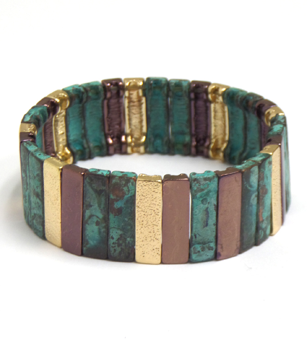 Tri tone multi metal bar link stretch bracelet