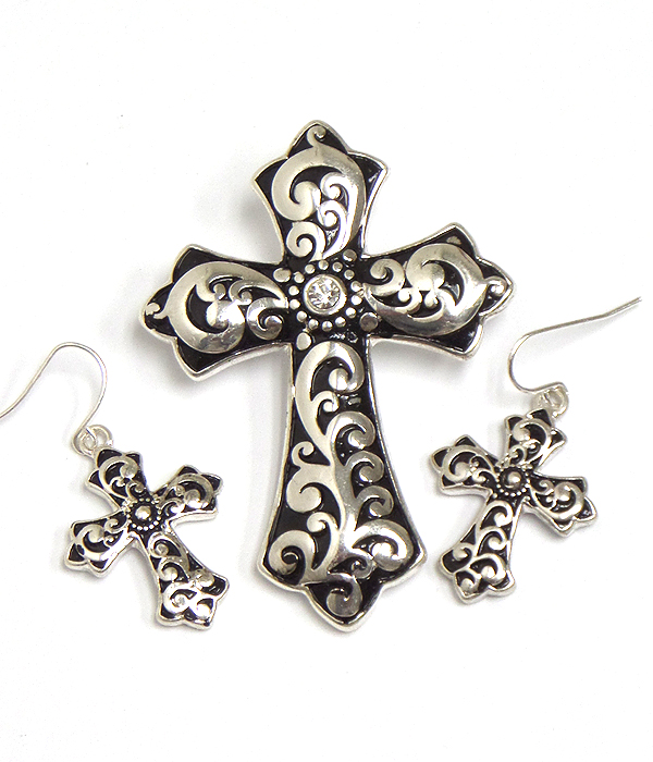 Crystal center and tailored cross pendant and earring set