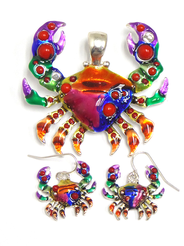 Art painted crab pendant and earring set