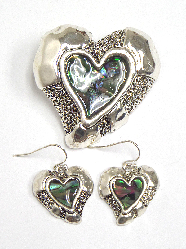 Abalone center and textured heart pendant and earring set