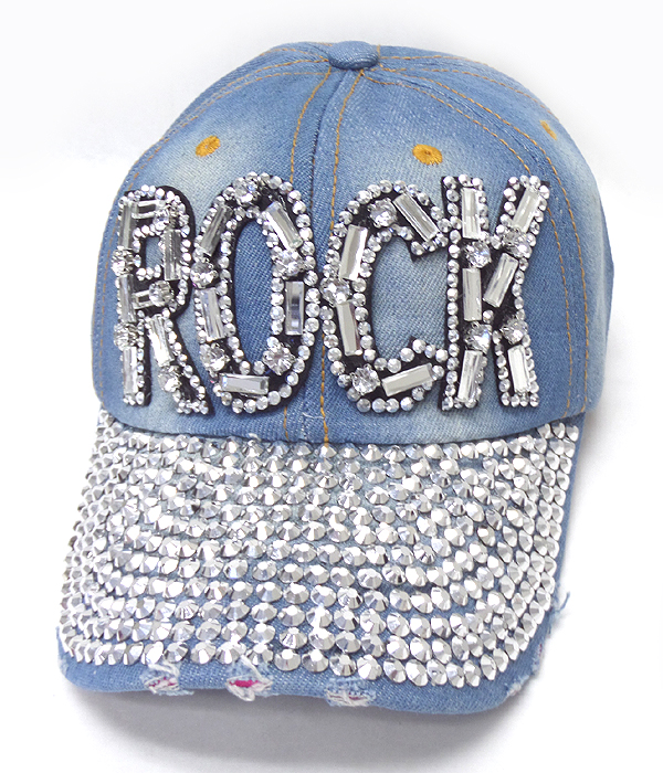 Rhinestone worn denim baseball cap - rock 