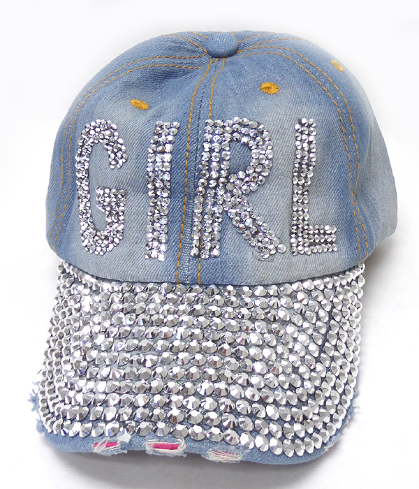 Rhinestone worn denim baseball cap - girl