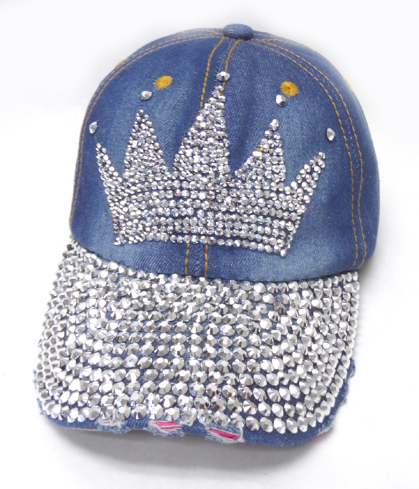 Rhinestone worn denim baseball cap - crown